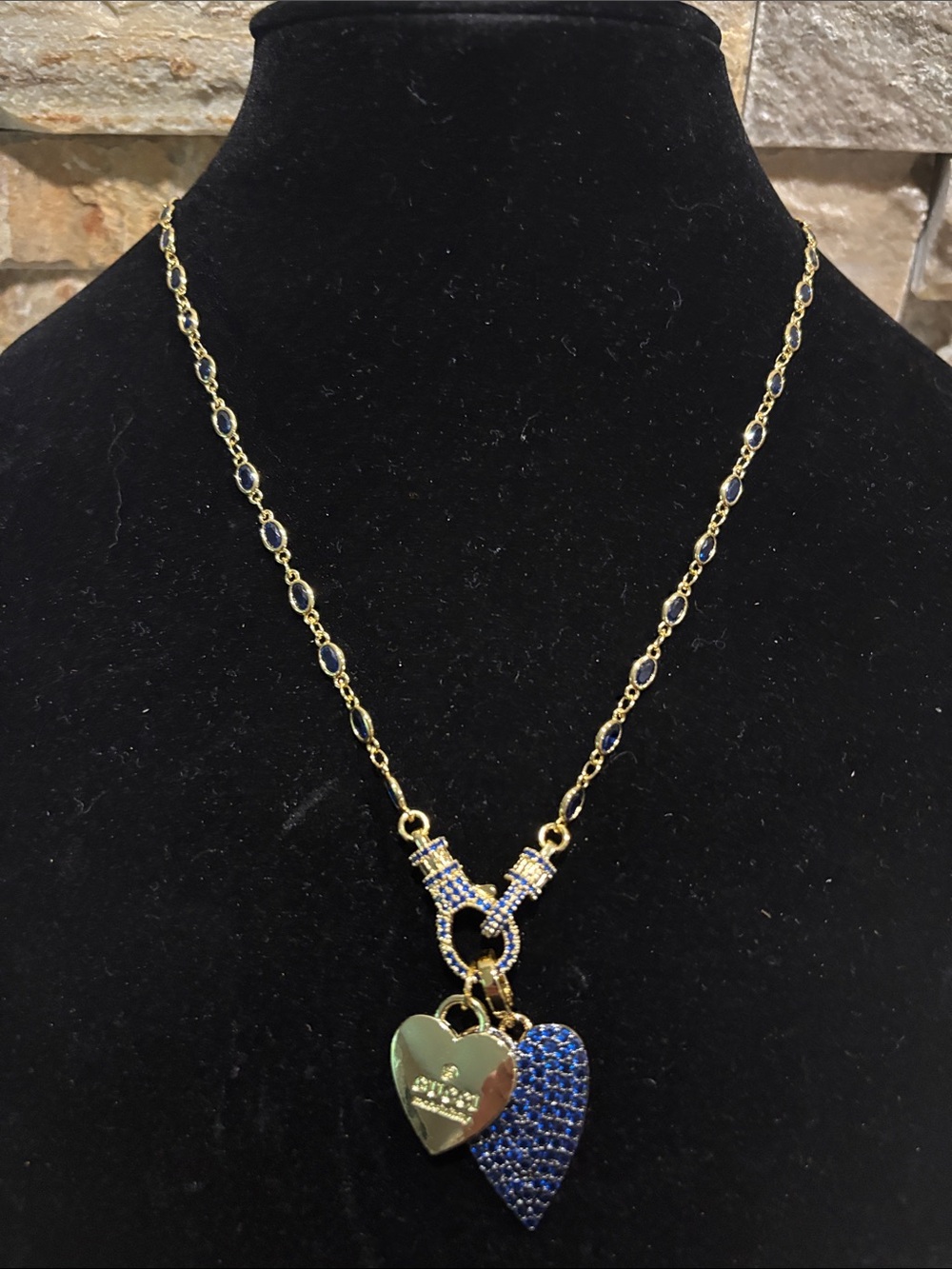 Gold Chain Necklace with Blue Pave Heart and Gold GG Heart Charm